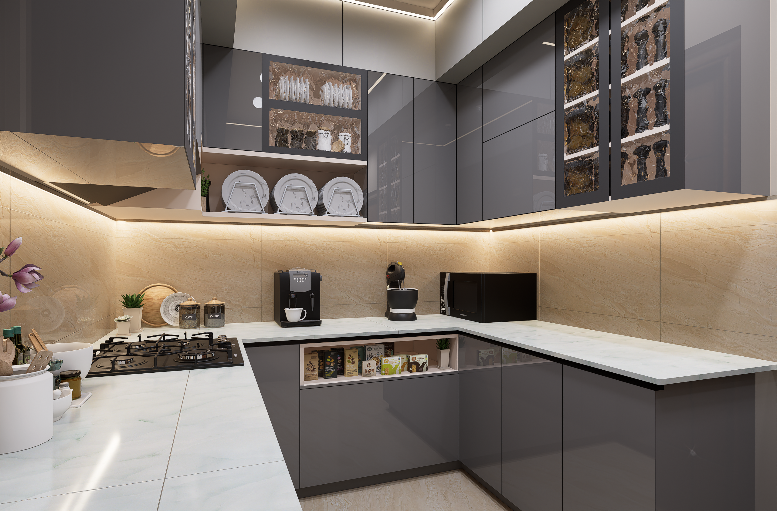 Sleek and modern kitchen with grey cabinets and marble countertops, featuring lighting.